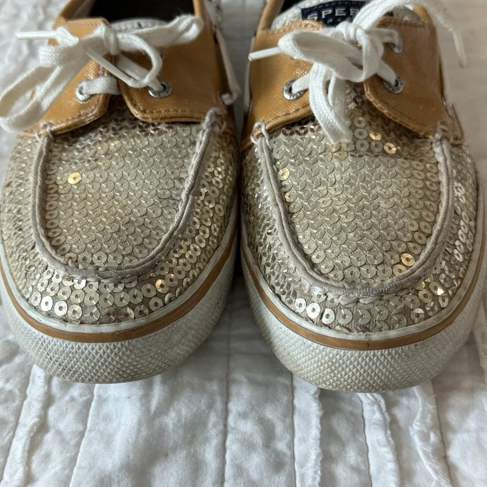 SPERRY Boat Shoes Gold Sequins Fisherman Festive Women's Top‎ Sider Size 9.5 M
